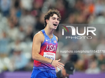 Ezra Frech of United States of America celebrates winning gold in Men's High Jump - T63 Final during the Paris 2024 Paralympic Games at Stad...