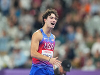 Ezra Frech of United States of America celebrates winning gold in Men's High Jump - T63 Final during the Paris 2024 Paralympic Games at Stad...