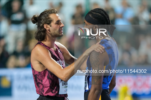 (Left to right) Gianmarco Tamberi from Italy and Romaine Beckford from Jamaica during the 60th Palio Citta della Quercia, valid for the Worl...