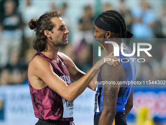 (Left to right) Gianmarco Tamberi from Italy and Romaine Beckford from Jamaica during the 60th Palio Citta della Quercia, valid for the Worl...