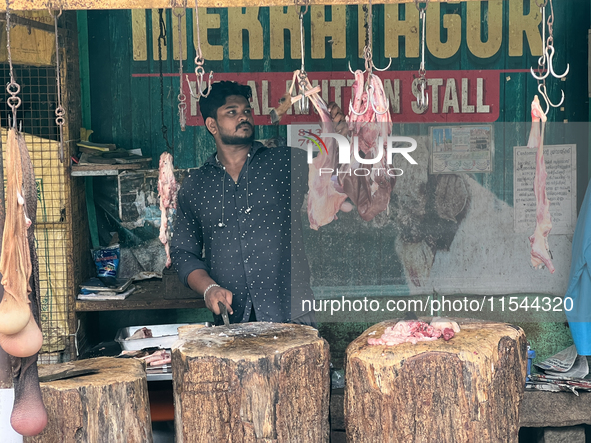 A butcher cuts meat at the Connemara market (Palayam Market) in Thiruvananthapuram, Kerala, India, on April 13, 2024. The Connemara market (...