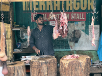 A butcher cuts meat at the Connemara market (Palayam Market) in Thiruvananthapuram, Kerala, India, on April 13, 2024. The Connemara market (...