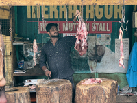 A butcher cuts meat at the Connemara market (Palayam Market) in Thiruvananthapuram, Kerala, India, on April 13, 2024. The Connemara market (...