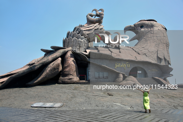 A sculpture of Jatayu stands at the Jatayu Earth Center in Chadayamangalam, Kerala, India, on April 06, 2024. This sculpture of Jatayu is th...