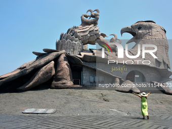 A sculpture of Jatayu stands at the Jatayu Earth Center in Chadayamangalam, Kerala, India, on April 06, 2024. This sculpture of Jatayu is th...