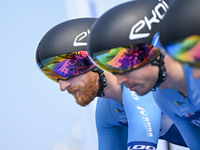 Participants get ready at the starting point of the 12th Poyang Lake International Cycling Competition in Leping, China, on September 3, 202...