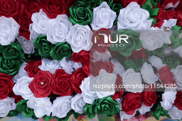 View of tricolour bows in the Zocalo of Mexico City, Mexico, on September 3, 2024, on the eve of the Grito de Independencia to be held on Se...