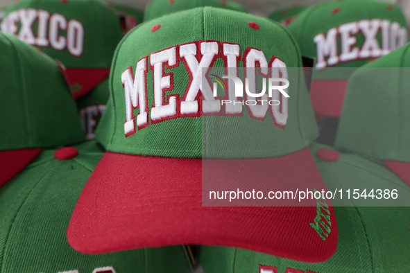 Caps are for sale in the Zocalo of Mexico City, Mexico, on September 3, 2024, on the eve of the Grito de Independencia of Mexico that takes...