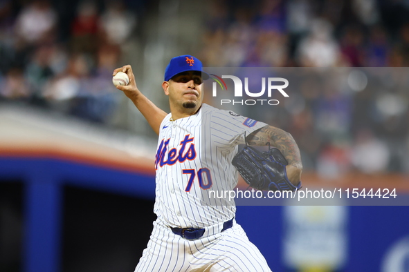 New York Mets relief pitcher Jose Butto #70 throws during the seventh inning of the baseball game against the Boston Red Sox at Citi Field i...