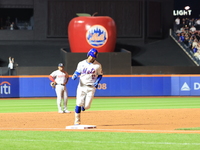 Francisco Lindor #12 of the New York Mets hits a home run during the third inning of the baseball game against the Boston Red Sox at Citi Fi...