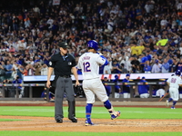 Francisco Lindor #12 of the New York Mets hits a home run during the third inning of the baseball game against the Boston Red Sox at Citi Fi...