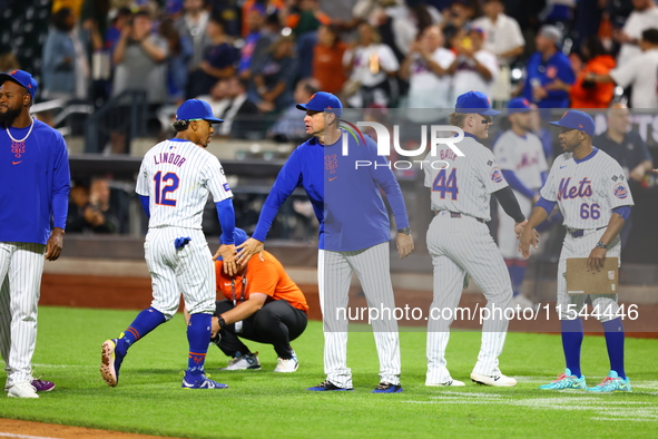 The New York Mets celebrate after their 7-2 win against the Boston Red Sox at Citi Field in Corona, N.Y., on September 3, 2024. 