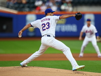 New York Mets starting pitcher David Peterson #23 throws during the first inning of the baseball game against the Boston Red Sox at Citi Fie...