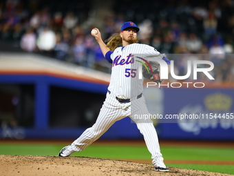 New York Mets relief pitcher Ryne Stanek #55 throws during the ninth inning of the baseball game against the Boston Red Sox at Citi Field in...