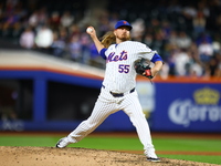 New York Mets relief pitcher Ryne Stanek #55 throws during the ninth inning of the baseball game against the Boston Red Sox at Citi Field in...