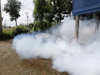 A health worker fumigates to prevent the spread of Dengue fever at a village in Nakhon Sawan province, north of Bangkok, on September 4, 202...