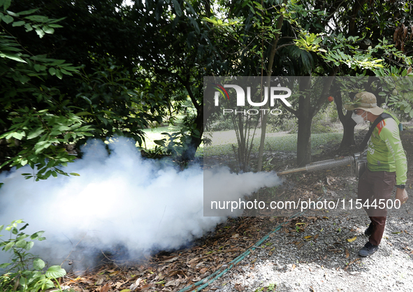 A health worker fumigates to prevent the spread of Dengue fever at a village in Nakhon Sawan province, north of Bangkok, on September 4, 202...