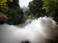 A health worker fumigates to prevent the spread of Dengue fever at a village in Nakhon Sawan province, north of Bangkok, on September 4, 202...