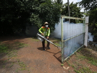 A health worker fumigates to prevent the spread of Dengue fever at a village in Nakhon Sawan province, north of Bangkok, on September 4, 202...