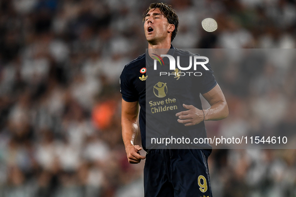 Dusan Vlahovic of Juventus shows disappointment during the Serie A match between Juventus FC and AS Roma at Allianz Stadium in Turin, Italy,...