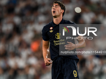 Dusan Vlahovic of Juventus shows disappointment during the Serie A match between Juventus FC and AS Roma at Allianz Stadium in Turin, Italy,...