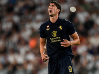 Dusan Vlahovic of Juventus shows disappointment during the Serie A match between Juventus FC and AS Roma at Allianz Stadium in Turin, Italy,...