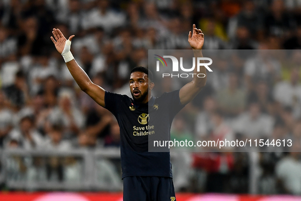 Bremer of Juventus gestures during the Serie A match between Juventus FC and AS Roma at Allianz Stadium in Turin, Italy, on September 1, 202...