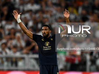 Bremer of Juventus gestures during the Serie A match between Juventus FC and AS Roma at Allianz Stadium in Turin, Italy, on September 1, 202...