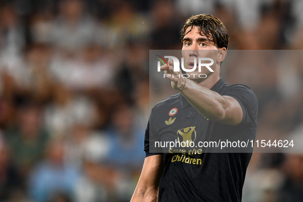 Dusan Vlahovic of Juventus during the Serie A match between Juventus FC and AS Roma at Allianz Stadium in Turin, Italy, on September 1, 2024...