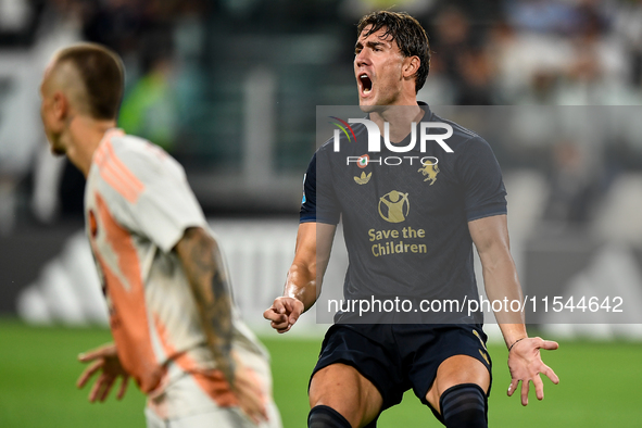 Dusan Vlahovic of Juventus shows disappointment during the Serie A match between Juventus FC and AS Roma at Allianz Stadium in Turin, Italy,...