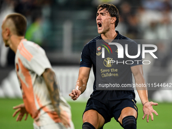 Dusan Vlahovic of Juventus shows disappointment during the Serie A match between Juventus FC and AS Roma at Allianz Stadium in Turin, Italy,...