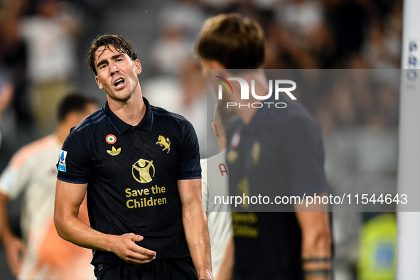 Dusan Vlahovic of Juventus shows disappointment during the Serie A match between Juventus FC and AS Roma at Allianz Stadium in Turin, Italy,...