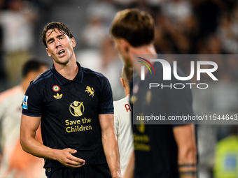 Dusan Vlahovic of Juventus shows disappointment during the Serie A match between Juventus FC and AS Roma at Allianz Stadium in Turin, Italy,...