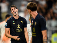 Dusan Vlahovic of Juventus shows disappointment during the Serie A match between Juventus FC and AS Roma at Allianz Stadium in Turin, Italy,...