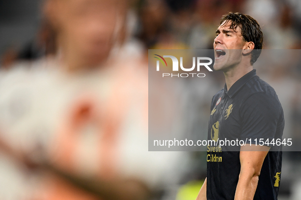 Dusan Vlahovic of Juventus shows disappointment during the Serie A match between Juventus FC and AS Roma at Allianz Stadium in Turin, Italy,...