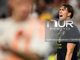 Dusan Vlahovic of Juventus shows disappointment during the Serie A match between Juventus FC and AS Roma at Allianz Stadium in Turin, Italy,...