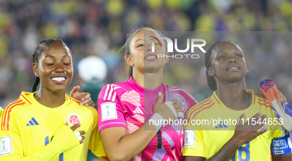 Sintia Cabezas, Luisa Agudelo, and Linda Caicedo of Colombia during the FIFA U-20 Women's World Cup 2024 match between Colombia and Cameroon...