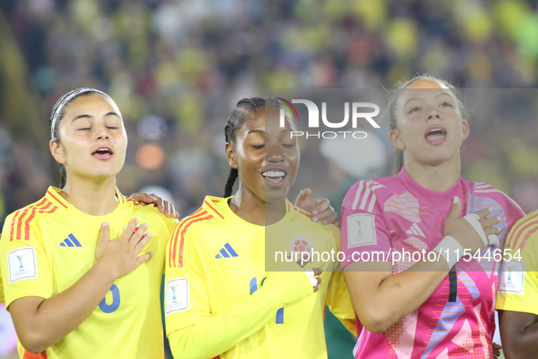 Cirstina Motta (left), Sintia Cabezas, and Luisa Agudelo of Colombia during the FIFA U-20 Women's World Cup 2024 match between Colombia and...