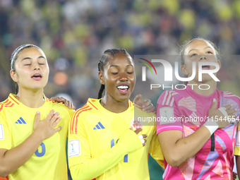 Cirstina Motta (left), Sintia Cabezas, and Luisa Agudelo of Colombia during the FIFA U-20 Women's World Cup 2024 match between Colombia and...