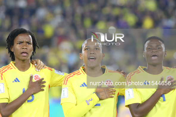 Karla Torres, Mary Jose Alvarez, and Yunaira Lopez of Colombia during the FIFA U-20 Women's World Cup 2024 match between Colombia and Camero...