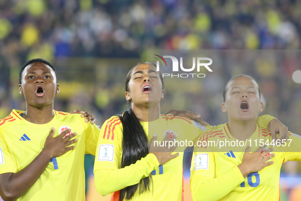 Yunaira Lopez (L), Maithe Lopez, and Juana Ortegon of Colombia during the FIFA U-20 Women's World Cup 2024 match between Colombia and Camero...