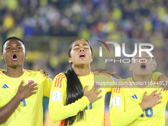 Yunaira Lopez (L), Maithe Lopez, and Juana Ortegon of Colombia during the FIFA U-20 Women's World Cup 2024 match between Colombia and Camero...