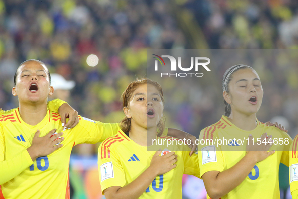 Juana Ortegon (L), Gabriela Rodriguez, and Cristina Motta of Colombia during the FIFA U-20 Women's World Cup 2024 match between Colombia and...