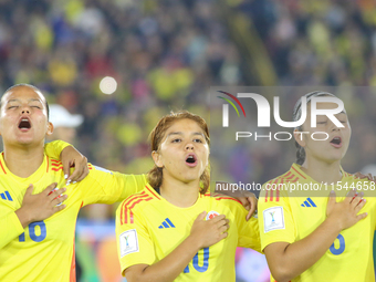 Juana Ortegon (L), Gabriela Rodriguez, and Cristina Motta of Colombia during the FIFA U-20 Women's World Cup 2024 match between Colombia and...