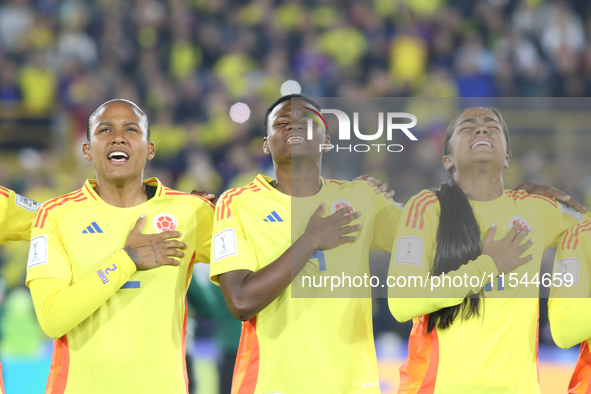 Mary Jose Alvarez, Yunaira Lopez, and Maithe Lopez of Colombia during the FIFA U-20 Women's World Cup 2024 match between Colombia and Camero...