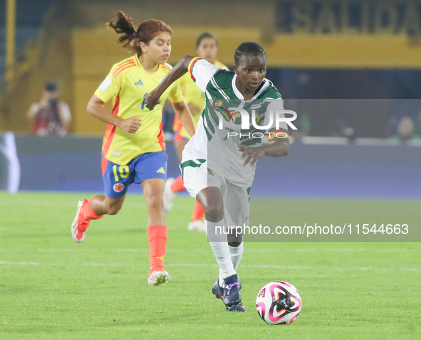 Lamine Mana of Cameroon controls the ball during the FIFA U-20 Women's World Cup 2024 match between Colombia and Cameroon at the El Campin s...