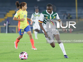 Lamine Mana of Cameroon controls the ball during the FIFA U-20 Women's World Cup 2024 match between Colombia and Cameroon at the El Campin s...