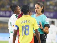 The referee talks with Linda Caicedo of Colombia during the FIFA U-20 Women's World Cup 2024 match between Colombia and Cameroon at the El C...