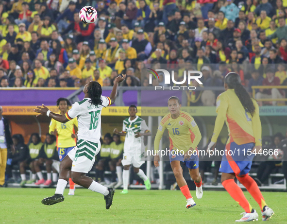 Nina Ngueleu of Cameroon controls the ball during the 2024 FIFA U-20 Women's World Cup match between Colombia and Cameroon at El Campin stad...