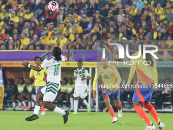 Nina Ngueleu of Cameroon controls the ball during the 2024 FIFA U-20 Women's World Cup match between Colombia and Cameroon at El Campin stad...